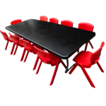 Mesa Rectangular Negra con 10 Sillas Rojas